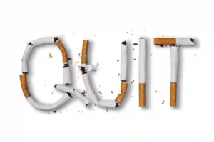 Person in calm posture beside bold text “Hypnosis to Quit Smoking,” symbolizing mental control and smoking cessation through hypnosis.