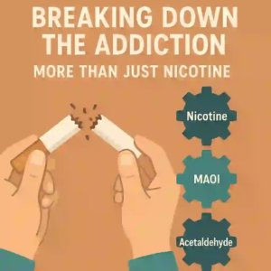 Hands breaking a cigarette in half under the text “Breaking Down the Addiction” with gear icons labeled “Nicotine,” “MAOI,” and “Acetaldehyde” illustrating smoking addiction’s complex makeup.