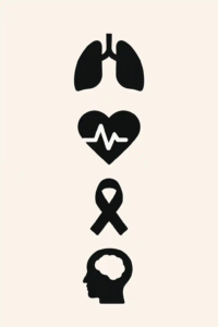 Four stylized health icons—lungs, heart with ECG line, cancer ribbon, and human head with brain—arranged vertically on a beige background, symbolizing wellness improvements from quitting smoking.