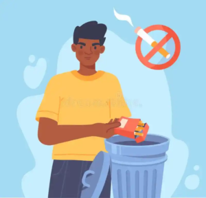 Person throwing a pack of cigarettes into a trash bin with an anti-smoking symbol behind them, representing hypnosis to quit smoking.