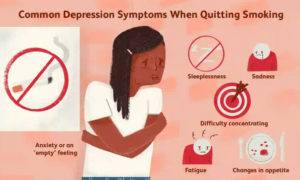 Infographic titled “Common Depression Symptoms When Quitting Smoking,” featuring a person with crossed arms and icons representing sleeplessness, sadness, fatigue, appetite changes, anxiety, and difficulty concentrating, with a no-smoking symbol included.
