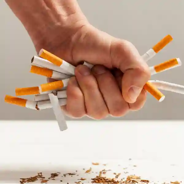 A close-up image of a hand tightly crushing several broken cigarettes, with scattered tobacco on a white surface — symbolizing the fight against nicotine addiction and the act of quitting smoking.